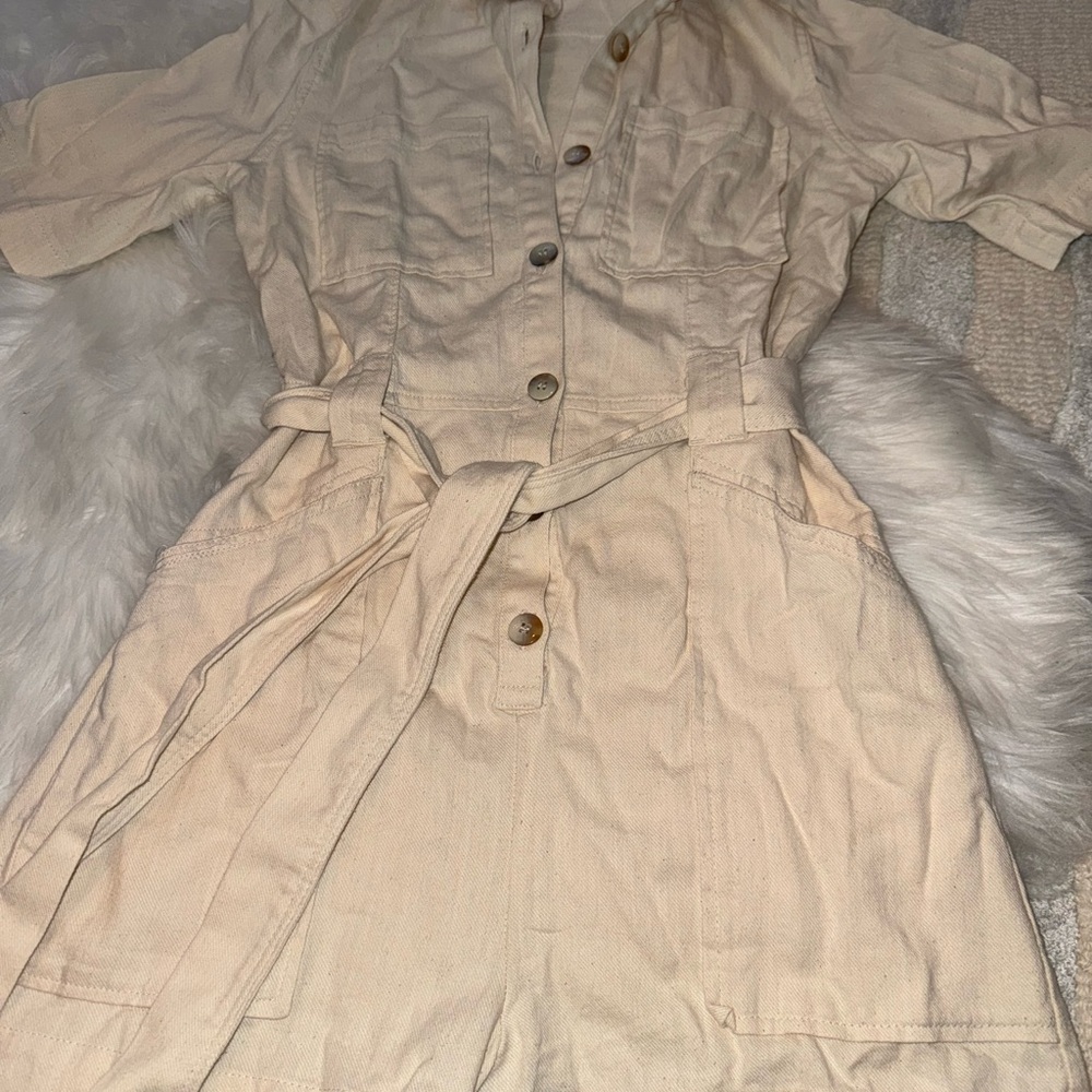 Beige Button-Up Jumpsuit with Belt